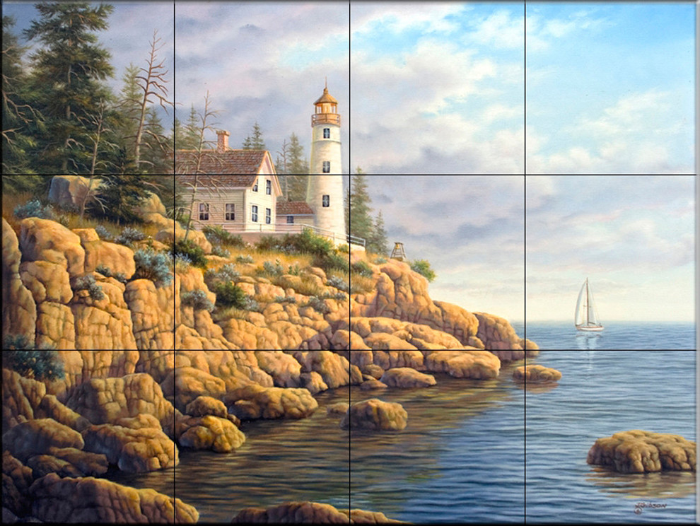 Tile Mural, Safe Harbor Ii by Judy Gibson, 17" x 12.75" (12 Tiles) Beach Style Tile Murals