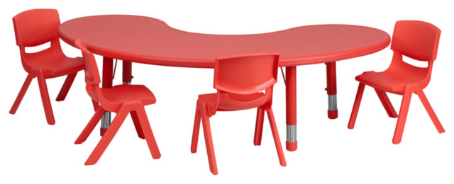 35''W X 65''L Half-Moon Red Plastic Height Activity Table Set With 4 Chairs