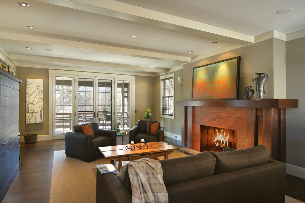 Inspiration for a contemporary living room in Other with a tile fireplace surround.
