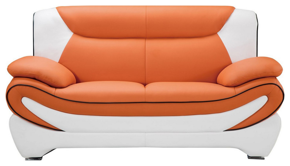 Faux Leather Upholstered Loveseat With Pillow Top Armrest, Orange And White Contemporary
