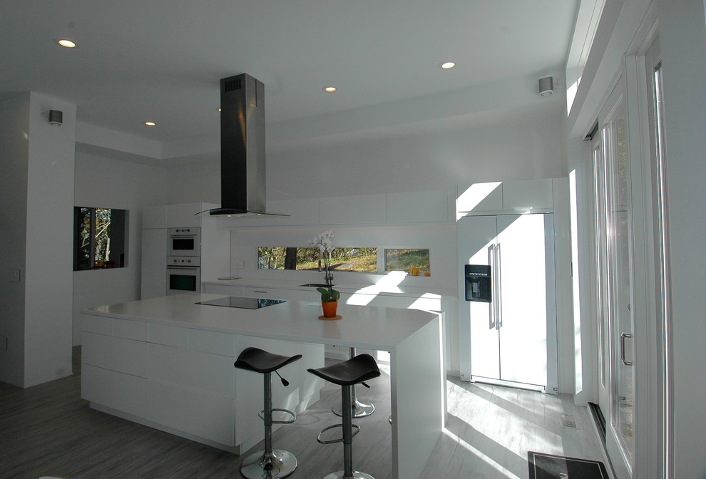 Photo of a mid-sized modern galley eat-in kitchen in Boston with an undermount sink, flat-panel cabinets, white cabinets, solid surface benchtops, white splashback, window splashback, panelled appliances, linoleum floors and with island.