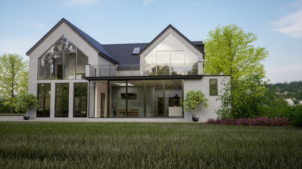 Aménagement d'une grande façade de maison blanche moderne à un étage avec un toit à deux pans, un toit en tuile et un toit gris.