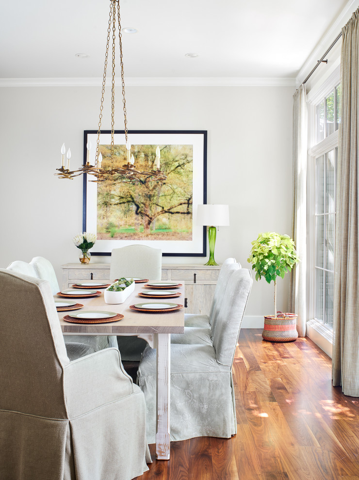 Design ideas for a transitional dining room in Austin with white walls and dark hardwood floors.