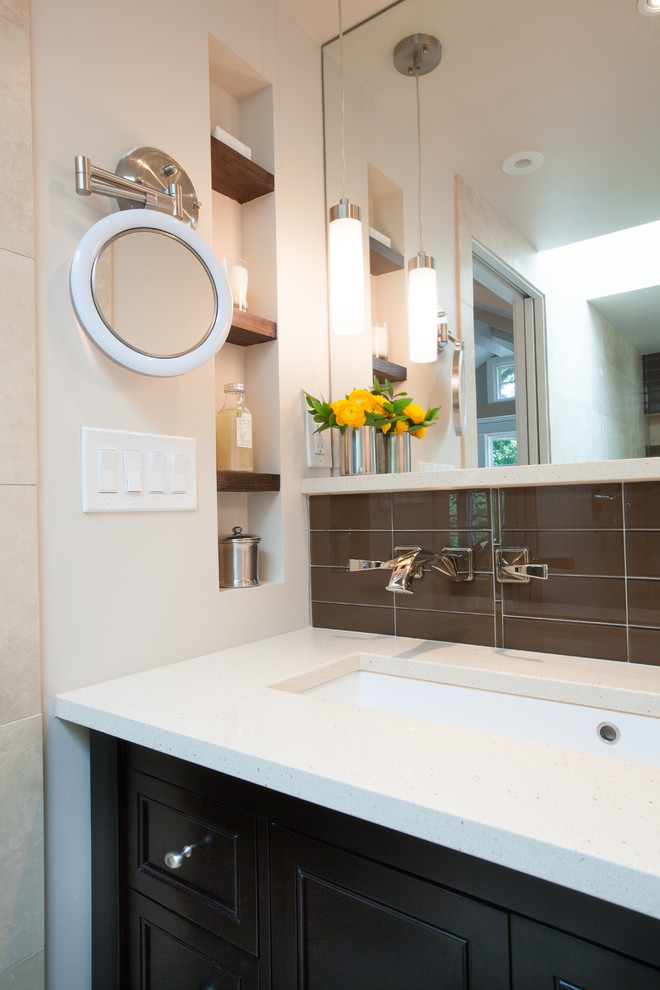 Inspiration for a small transitional master bathroom in DC Metro with furniture-like cabinets, dark wood cabinets, quartzite benchtops, an alcove tub, a curbless shower, beige tile, glass tile, brown walls and mosaic tile floors.