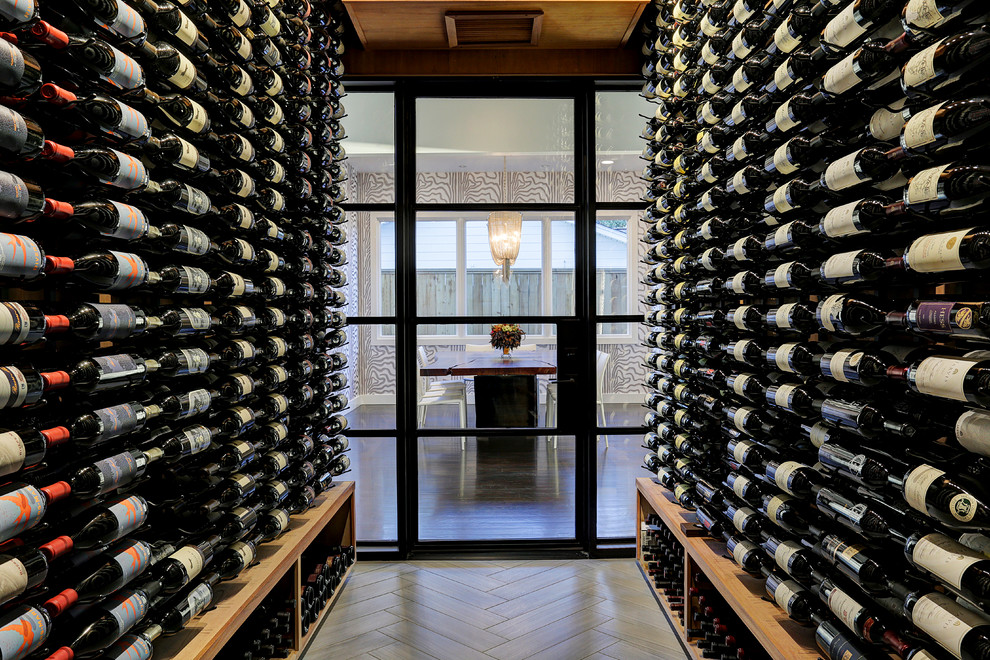 Design ideas for a mid-sized modern wine cellar in Houston with porcelain floors and storage racks.