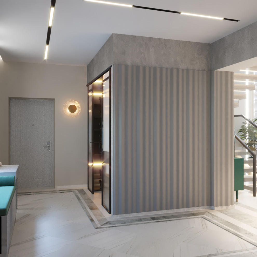 Интерьер дома, с мрамором и яркими акцентами