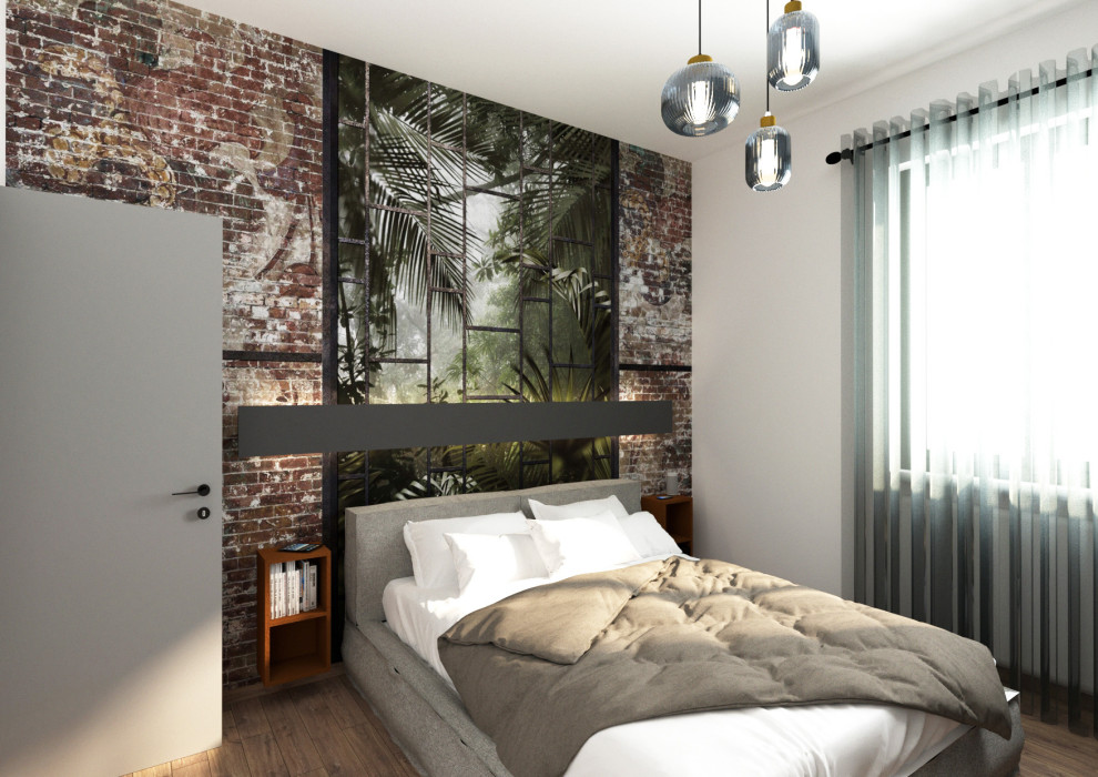 This is an example of a small industrial master bedroom in Milan with white walls, dark hardwood floors, no fireplace, beige floor, wallpaper and wallpaper.