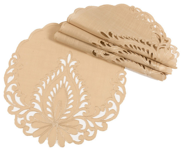 Wilshire Embroidered Cutwork Placemats, Beige, 16" Round, Set of 4, 16