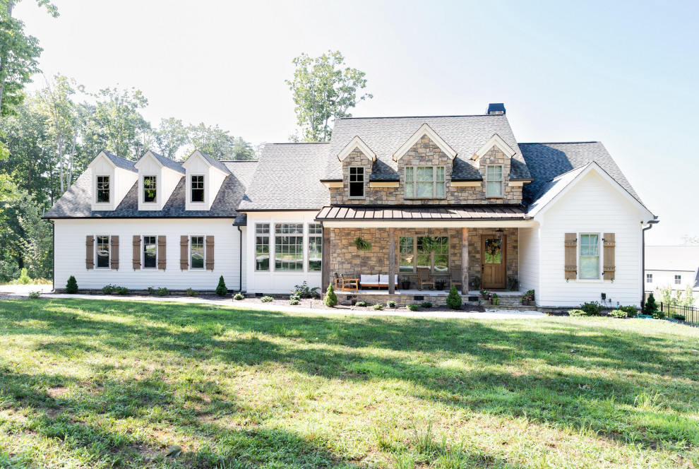 Inspiration for a farmhouse white two-story clapboard gable roof remodel with a shingle roof and a gray roof