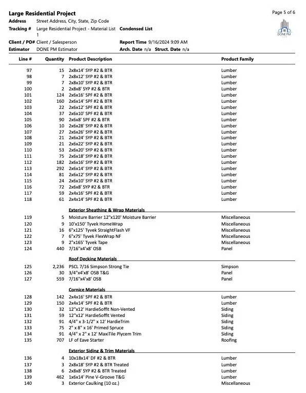 Sample Material Estimate and Takeoff