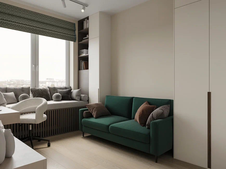 Двухкомнатная квартира 54  м² в оливковых и песочных оттенках