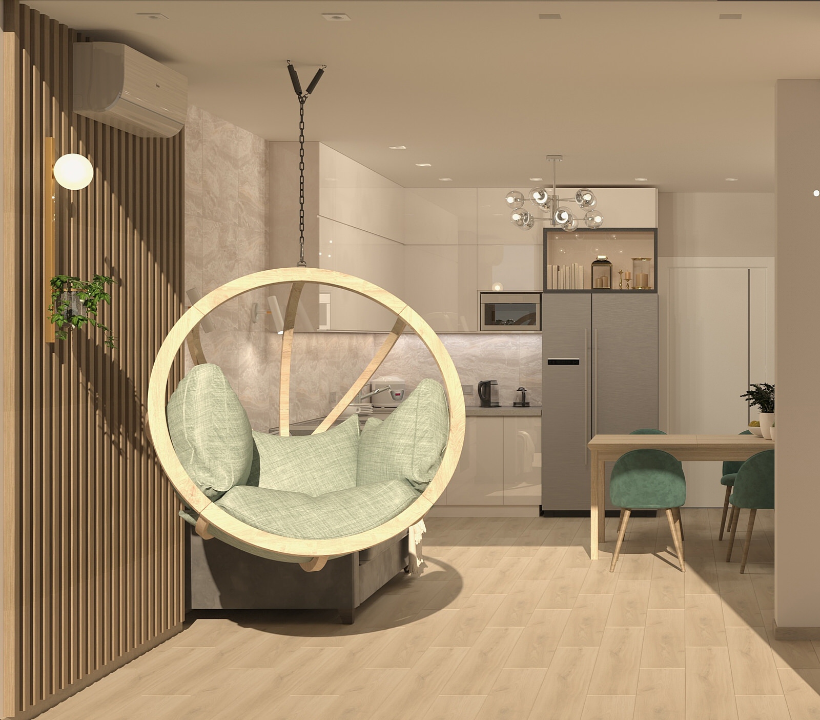 Интерьер в экостиле с подвесным креслом