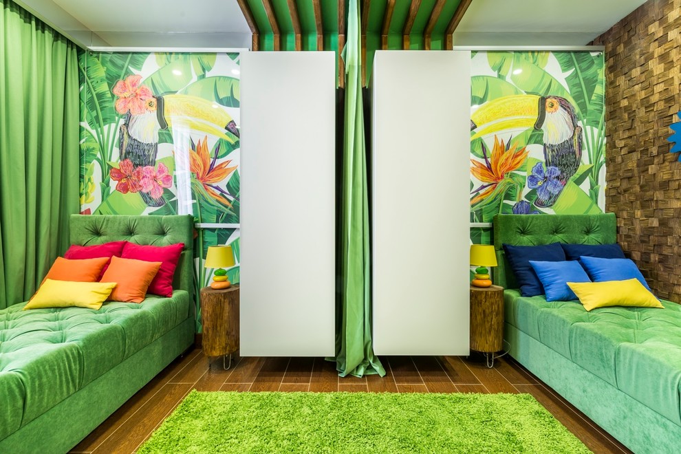 Design ideas for a tropical gender-neutral kids' bedroom for kids 4-10 years old in Other with multi-coloured walls, medium hardwood floors and brown floor.