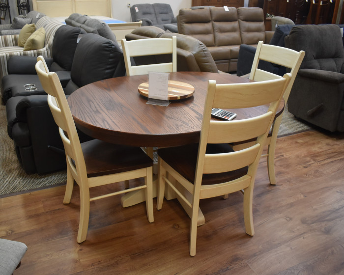 oval 42 x 54 table with 2 leaves; 4 ladderback sides; hand planed; 2-tone