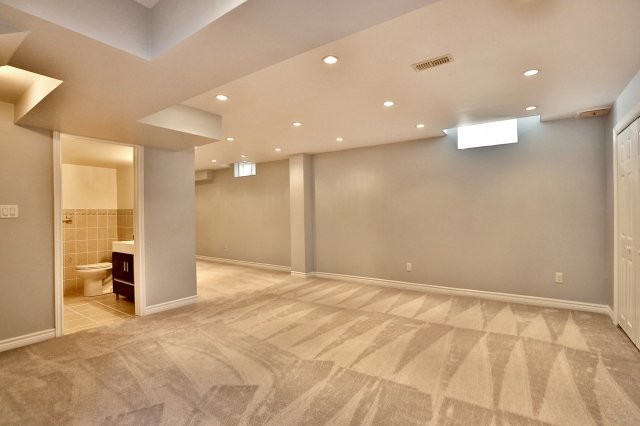 Basement - carpeted basement idea in Toronto with gray walls