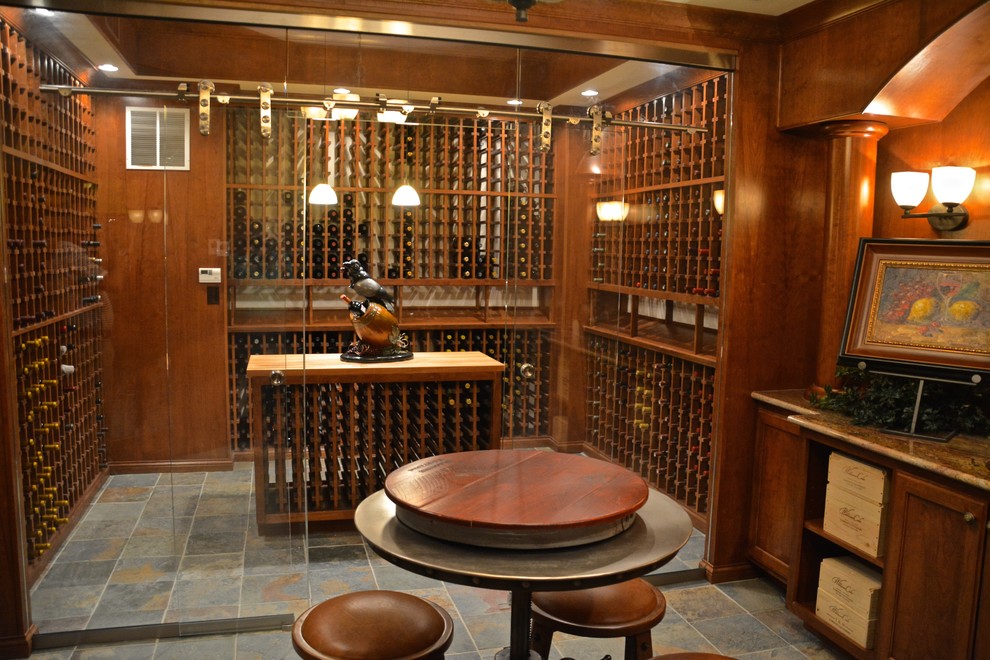 Transitional porcelain tile wine cellar photo in Indianapolis