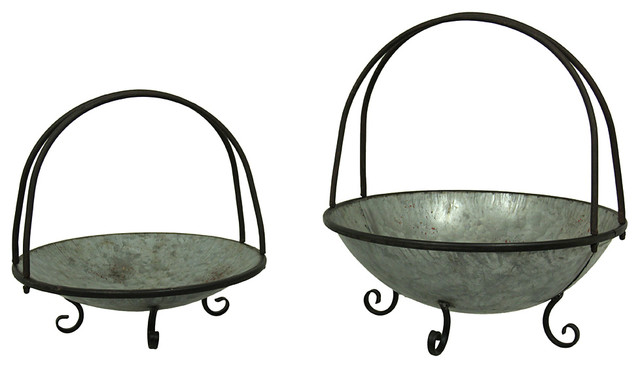 Two-Tone Galvanized Metal Set of 2 Decorative Footed Bowls with Handle