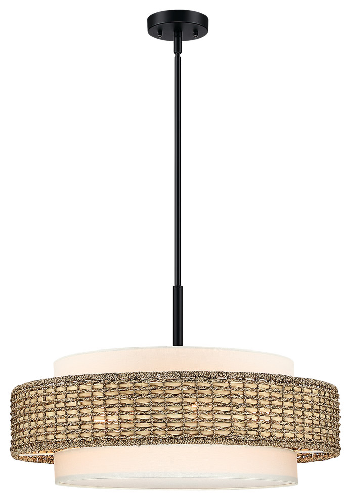 5-Light Double Shade Drum Chandelier With Black Canopy, Straw With White Shade