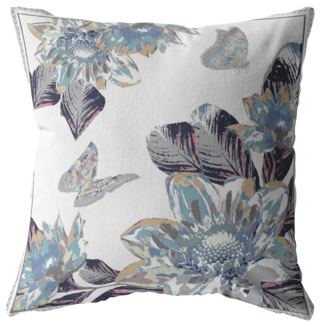 16 Gray White Butterfly Zippered Suede Throw Pillow