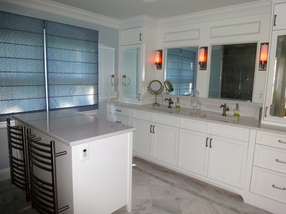 Design ideas for a large traditional master bathroom in DC Metro with shaker cabinets, white cabinets, white walls, marble floors, an undermount sink, an alcove shower, gray tile and stone tile.