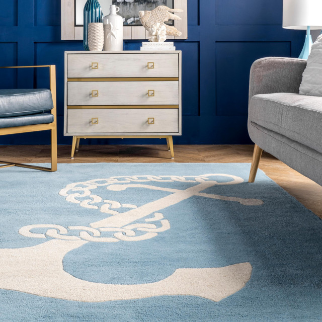 Hand-Tufted Coastal Nautical Anchor Rug, 6'x9' - Beach Style - Area ...