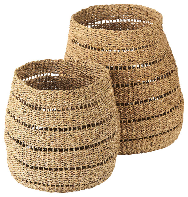 Hayes Medium Brown Seagrass Round Baskets With Stripe Pattern, 2Piece