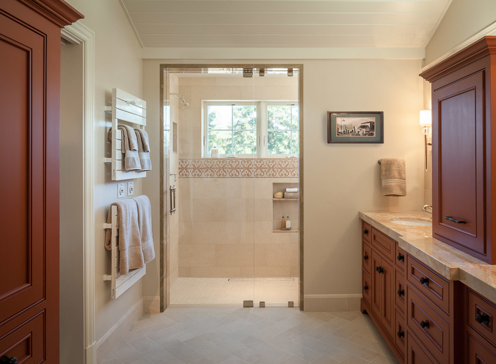 Design ideas for a large transitional master bathroom in San Francisco with an undermount sink, beaded inset cabinets, red cabinets, marble benchtops, beige tile, stone tile, beige walls and porcelain floors.