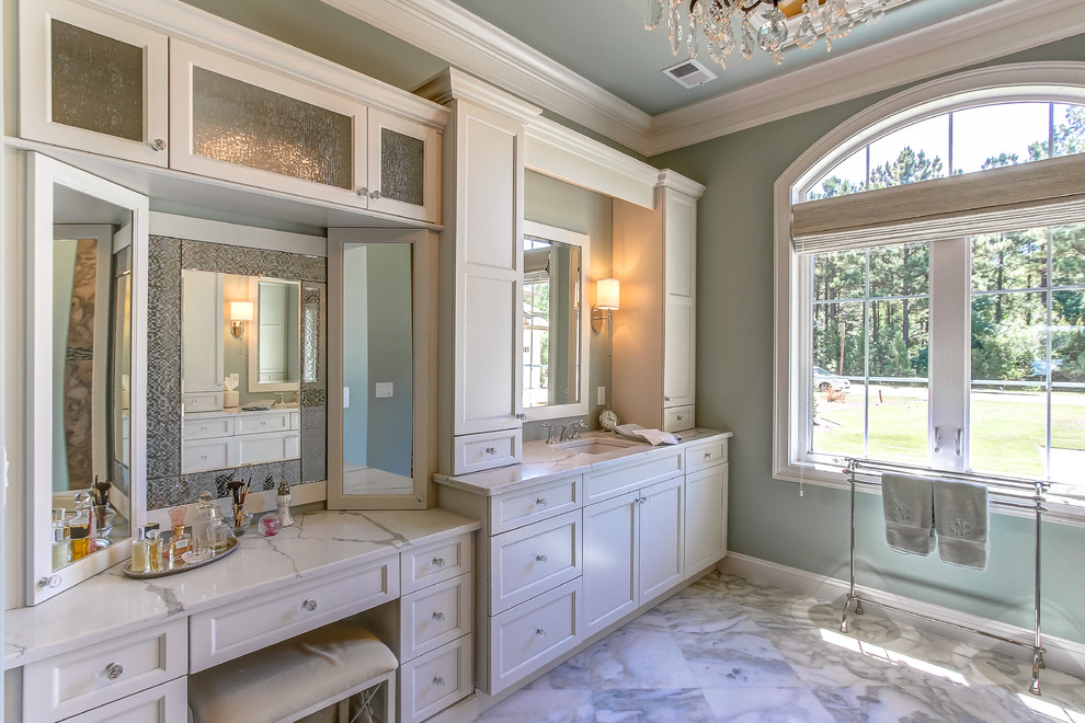 Design ideas for a mid-sized transitional master bathroom in Orange County with shaker cabinets, white cabinets, green walls, marble floors, marble benchtops and marble.