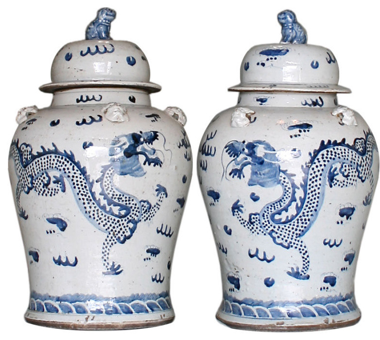 Pair of Large Chinese Blue & White Covered Jars