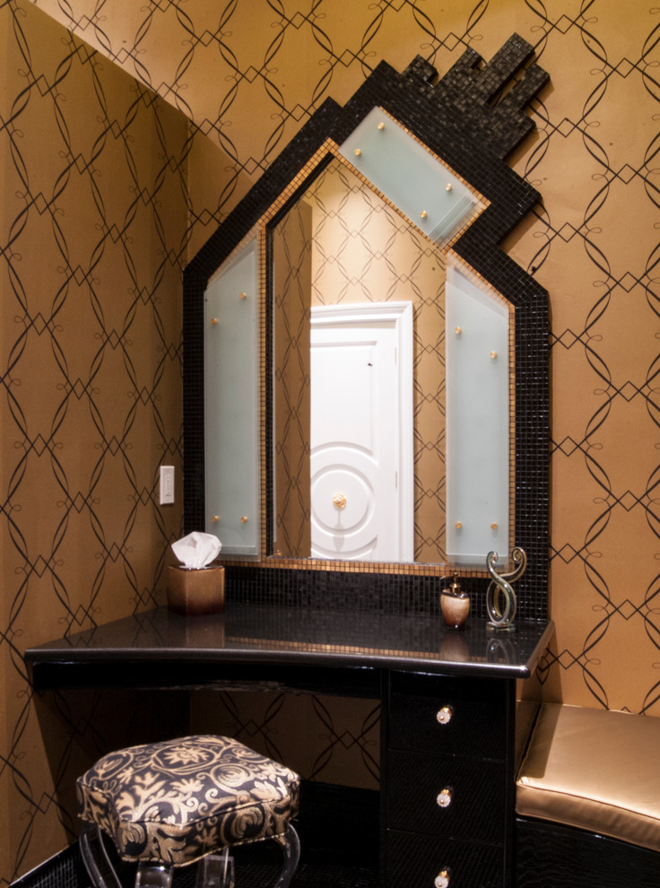 Large contemporary bathroom in Other with black cabinets, an open shower, a wall-mount toilet, black tile, mosaic tile, black walls, mosaic tile floors, granite benchtops and an undermount sink.