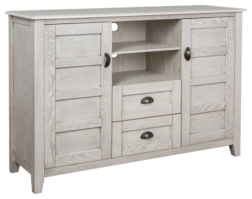 Tall TV Stand, Drawers & Doors With Panel Accents & Cup Metal Pulls, White Wash Farmhouse