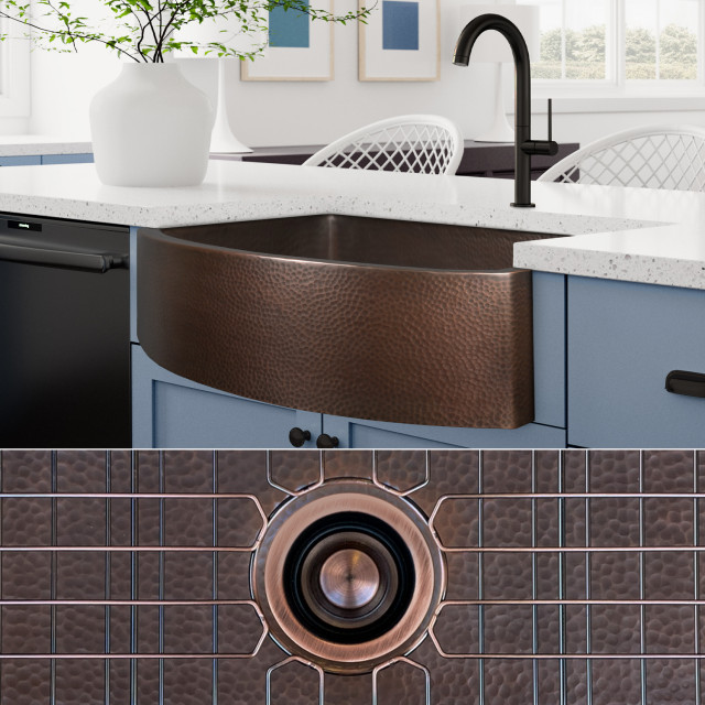 Luxury 33Inch Heavy 12GAUGE Dark Patina Copper Farmhouse Sink, Bowed Apron Traditional