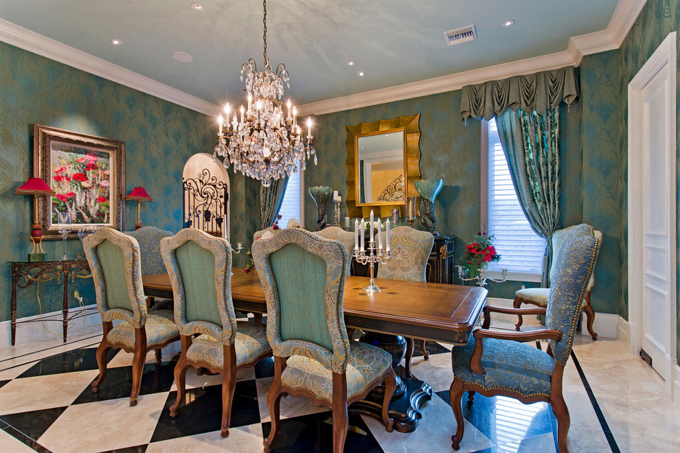 Traditional dining room in Miami with multi-coloured walls and no fireplace.