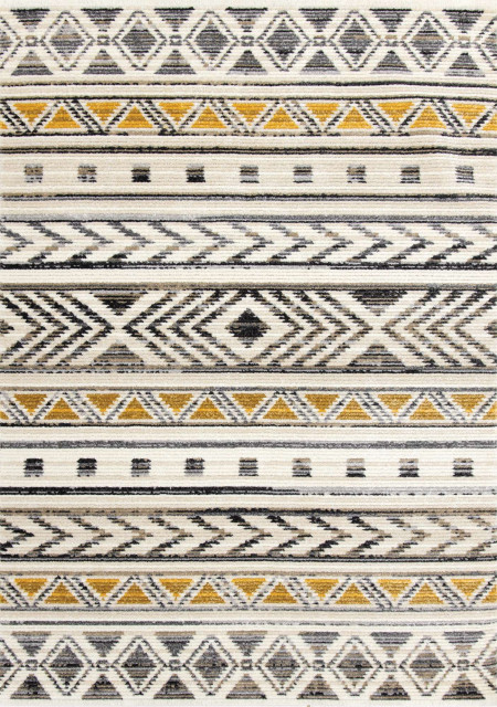 Cali Collection Yellow Gray Cream Tribal Stripes Rug, 4'3"x6'1"