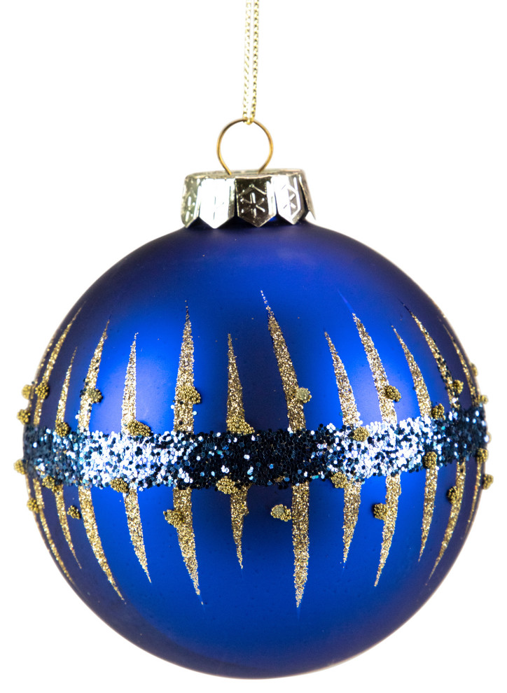 4" Blue and Gold Glitter Glass Ball Christmas Ornament Modern