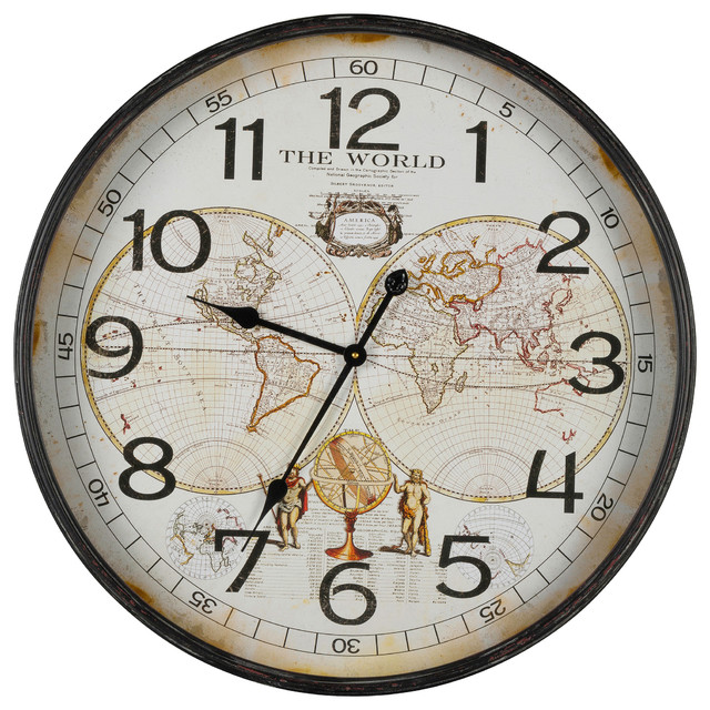 World Map Clock Farmhouse Wall Clocks by HedgeApple Houzz