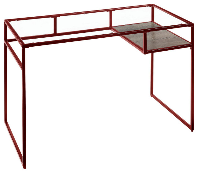 Rectangular Glass Top Desk With Open Compartment And Sled Base, Red Contemporary Desks And
