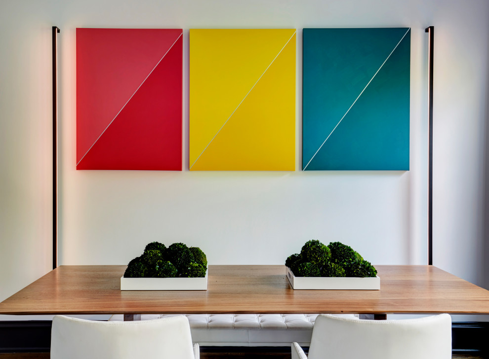 Trendy great room photo in Chicago with white walls