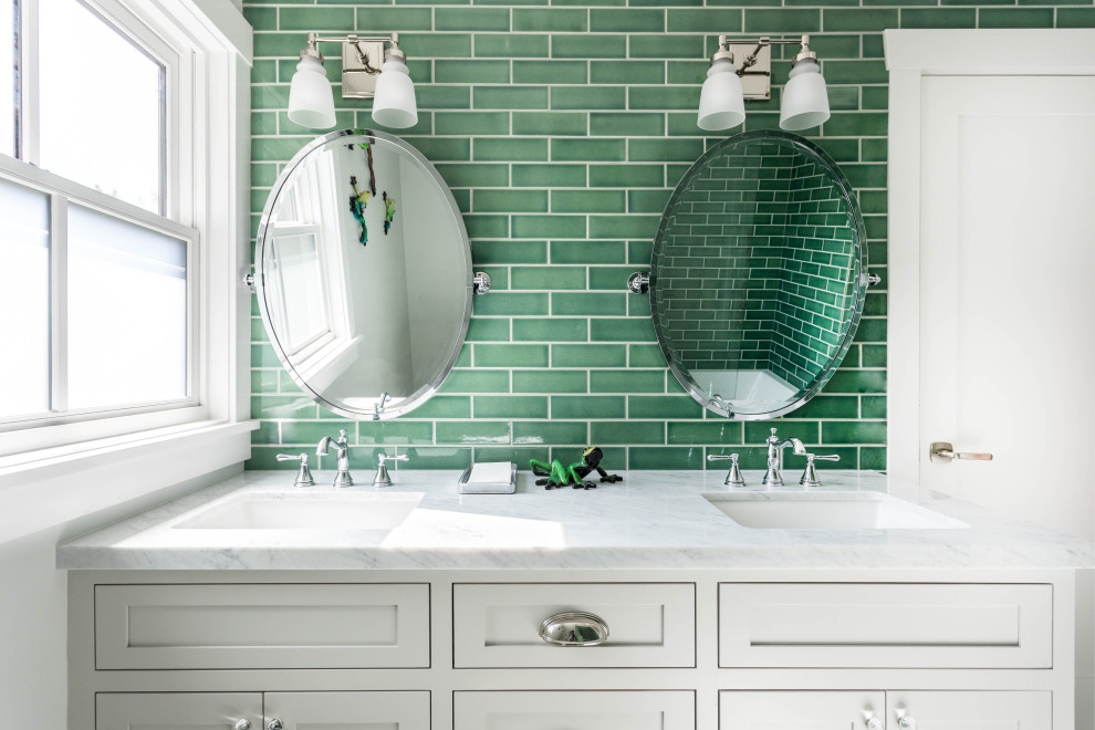 Design ideas for a mid-sized transitional bathroom in Sacramento with shaker cabinets, grey cabinets, green tile, subway tile, grey walls, an undermount sink and white benchtops.