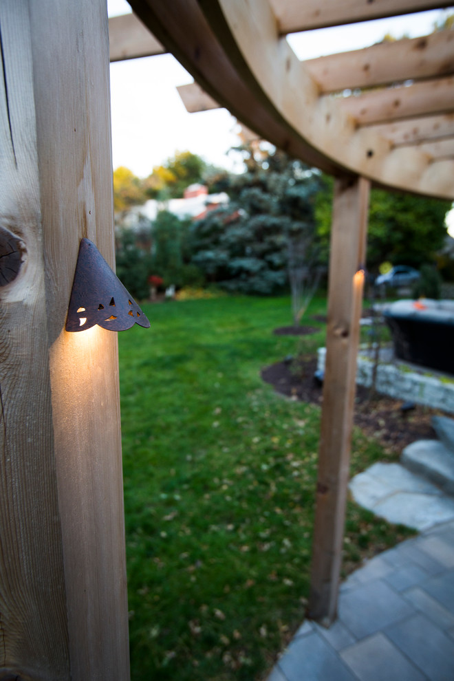 Design ideas for a transitional backyard stone water fountain landscape in Omaha.