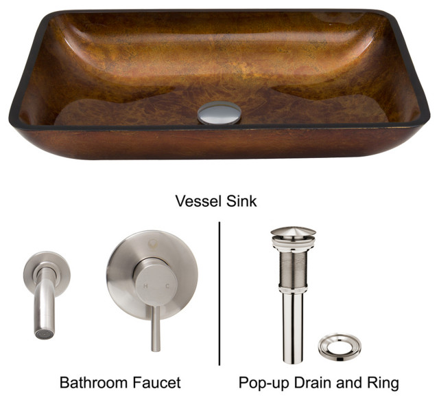 VIGO Rectangular Russet Glass Vessel Sink and Wall Mount Faucet Set, Brushed Nic