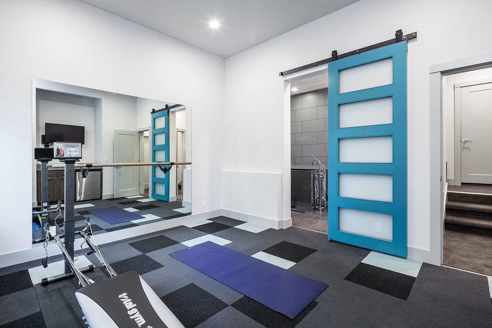 Large contemporary multipurpose gym in Other with white walls, carpet and multi-coloured floor.