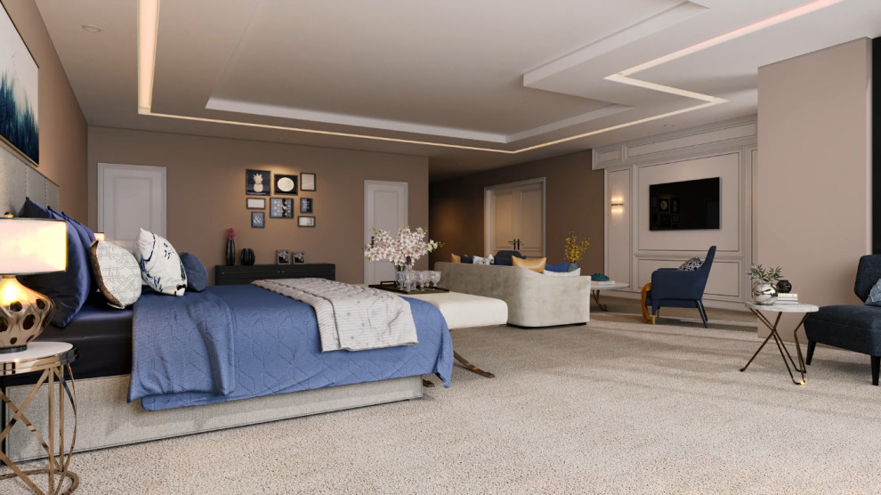 Großes Modernes Schlafzimmer ohne Kamin, im Loft-Style mit brauner Wandfarbe, braunem Holzboden, Kaminumrandung aus Holz, weißem Boden, Holzdecke und Wandpaneelen in Sonstige