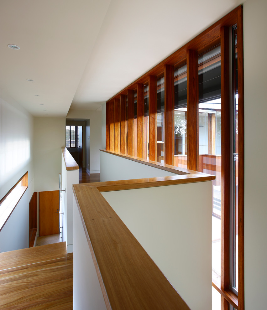 This is an example of a large contemporary wood staircase in Brisbane with wood risers.