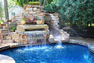 Eclectic Pool Milwaukee Delavan Lake Pool with Rock Slide - Eclectic - Pool - Milwaukee - by Rosebrook Pools, Inc.