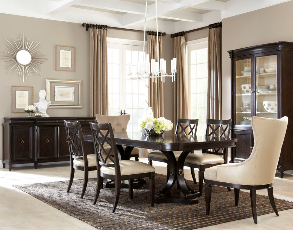 Inspiration for a large traditional open plan dining in Charlotte with beige walls and porcelain floors.