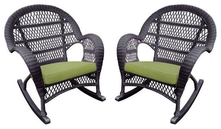 Jeco Wicker Rocker Chair in Espresso with Green Cushion (Set of 2)