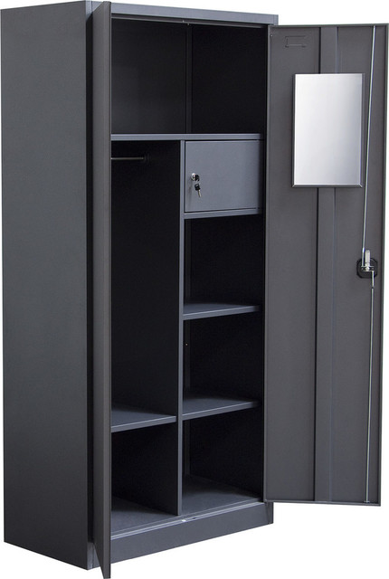 2 Door Metal Closet With Safe And Mirror With Key Lock Entry Dark Gray