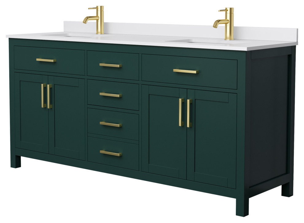 Beckett 72" Double Vanity, Green, White Cultured Marble Top, Gold Trim