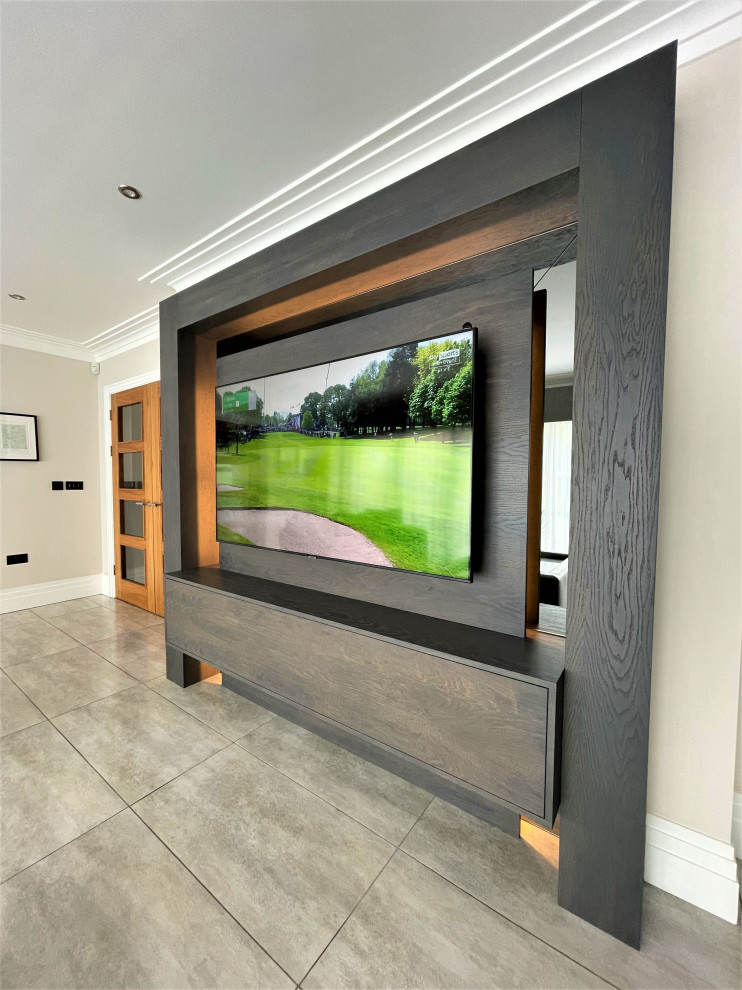Inspiration for a small contemporary open concept home theatre in Other with a built-in media wall.